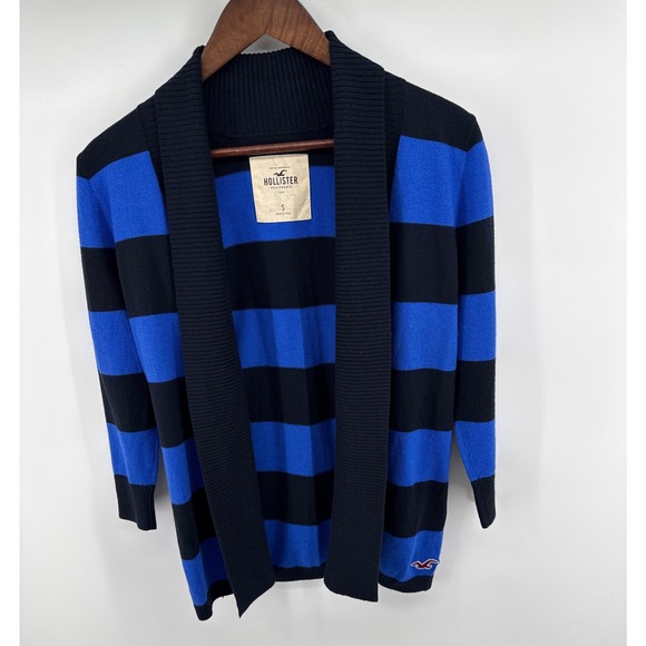 Hollister Sweaters - Y2K Hollister Womens Blue Black Striped Open Front Shawl Collar Cardigan Small